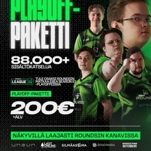 ROUNDSin CS2-joukkueen playoff-paketti ESEA Season 57 -playoffeihin. Kuvassa ROUNDSin pelaajia sekä tiedot playoff-paketista ja supporter-näkyvyydestä.